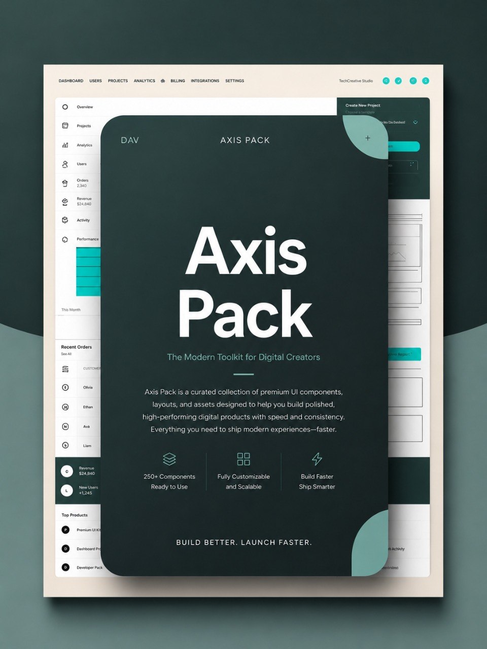 A digital product mockup for 'Axis Pack' by DAV, featuring a dark teal and white user interface template design for digital creators, shown on a dark gray background.