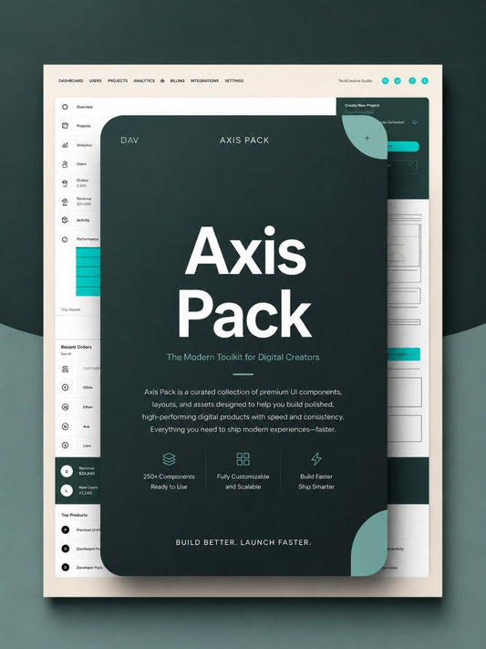 A digital product mockup for 'Axis Pack' by DAV, featuring a dark teal and white user interface template design for digital creators, shown on a dark gray background.
