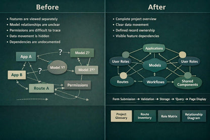 A dark teal comparison graphic titled 'Before' and 'After' showing a software architecture or project diagram. The left 'Before' side lists issues like unclear model relationships and hidden data movement, with a loose, disconnected diagram.