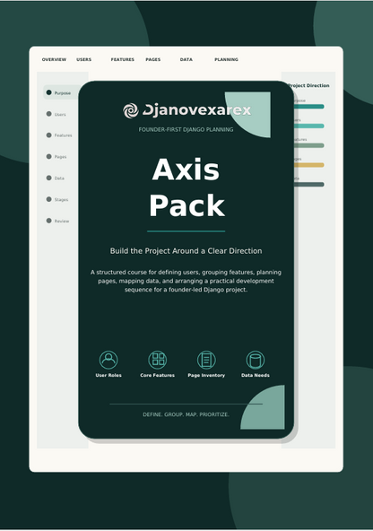 A digital mockup showing a smartphone screen with the 'Axis Pack' branding and interface, layered over a white app dashboard on a dark teal background.