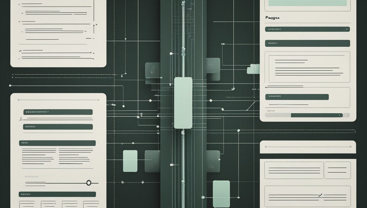 Abstract digital interface mockup with multiple off-white rectangular panels arranged around a central dark teal vertical bar, connected by thin lines and dots on a dark teal background.