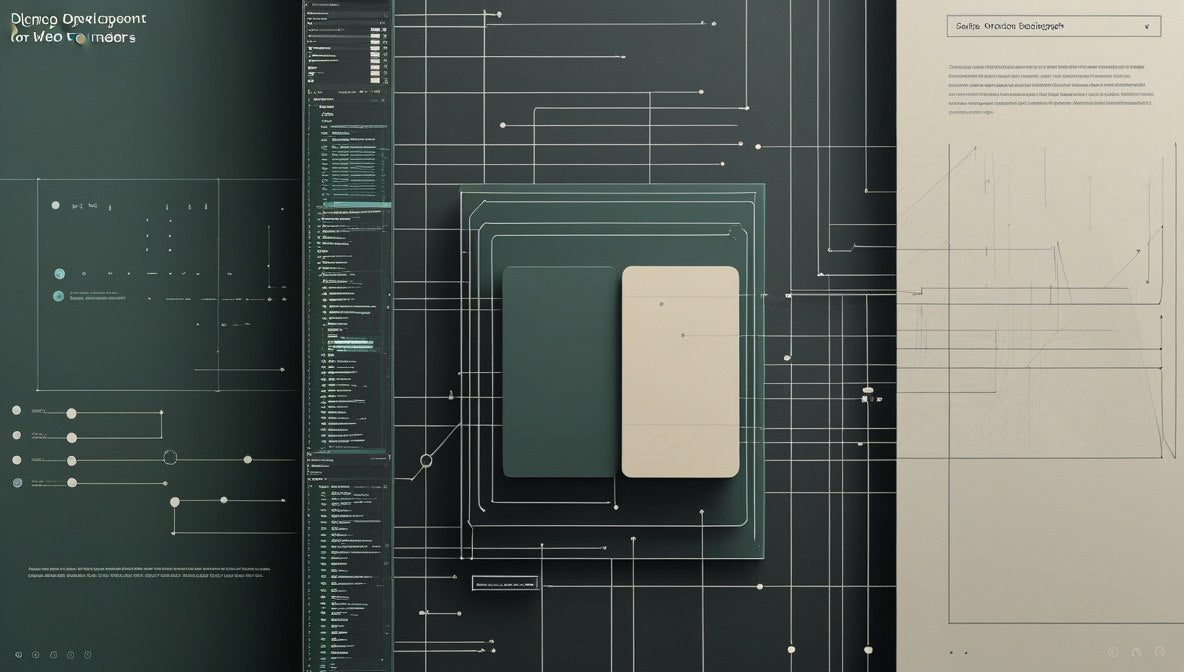A stylized digital render showing two slim rectangular devices, one dark green and one light beige, centered over a futuristic circuit-board style interface background with lines, text blocks, and schematic panels.