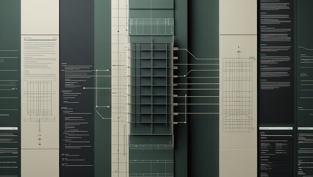 Abstract architectural rendering with vertical panels, technical blueprint lines, and a central grid-like structure in muted green, gray, and cream tones.