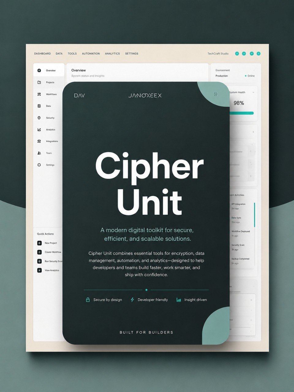 A digital product mockup for a 'Cipher Unit' digital toolkit, featuring a dark slate-gray card with white text and teal accents, layered over a light gray software interface background.