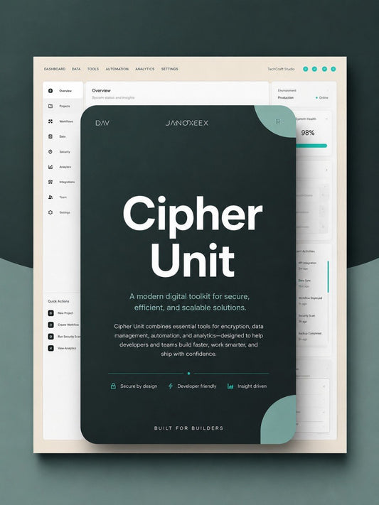 A digital product mockup for a 'Cipher Unit' digital toolkit, featuring a dark slate-gray card with white text and teal accents, layered over a light gray software interface background.
