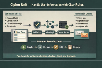 A digital infographic titled 'Cipher Unit — Handle User Information with Clear Rules' showing a flowchart for user information validation, permissions, stored records, and common record actions on a dark teal background.