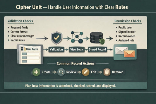 A digital infographic titled 'Cipher Unit — Handle User Information with Clear Rules' showing a flowchart for user information validation, permissions, stored records, and common record actions on a dark teal background.