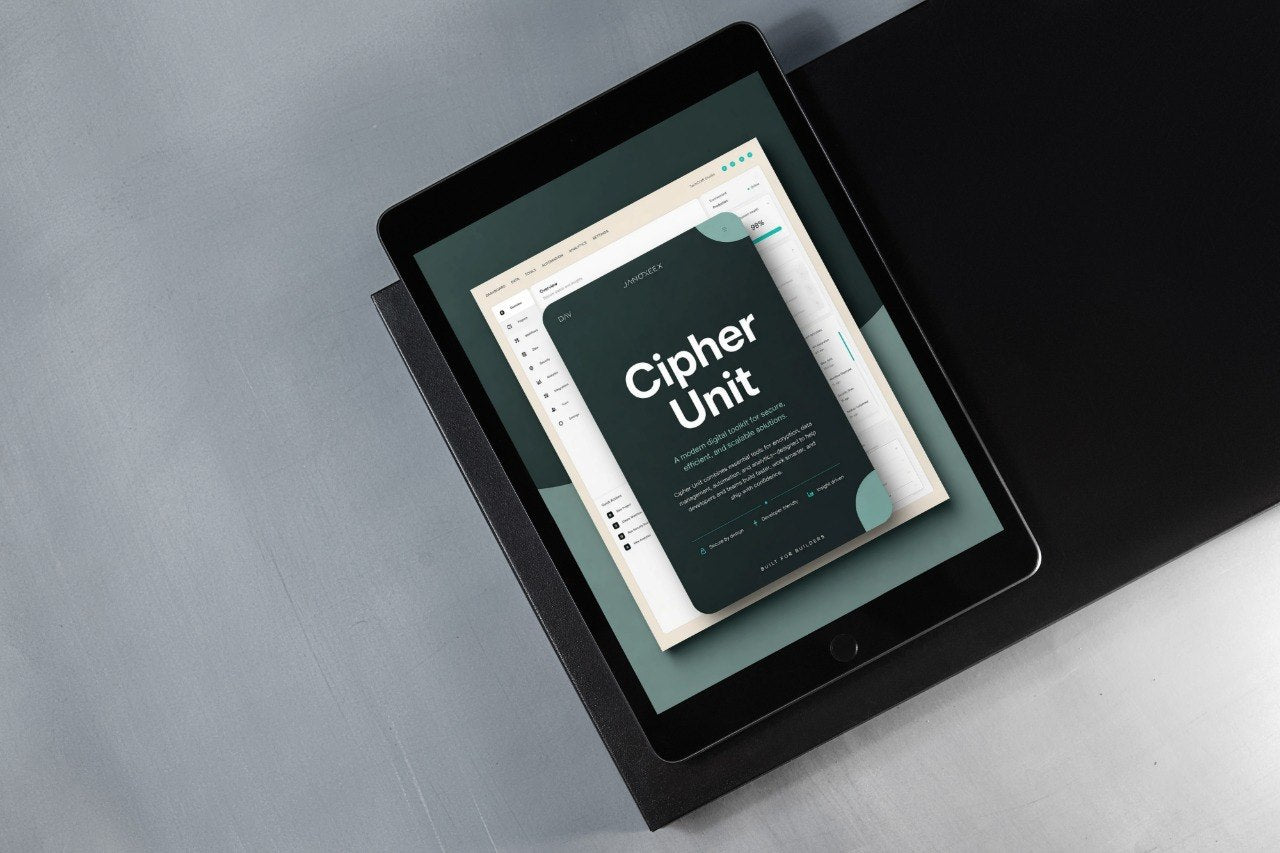 A black tablet device angled on a dark surface, displaying a digital course or document cover titled 'Cipher Unit' on its screen against a gray background.