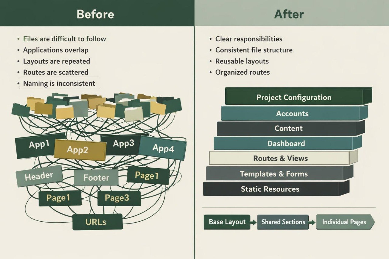 A before-and-after infographic comparing a messy web app navigation state with a clean, organized folder structure. The left 'Before' section shows tangled app icons (App1, App2, etc.