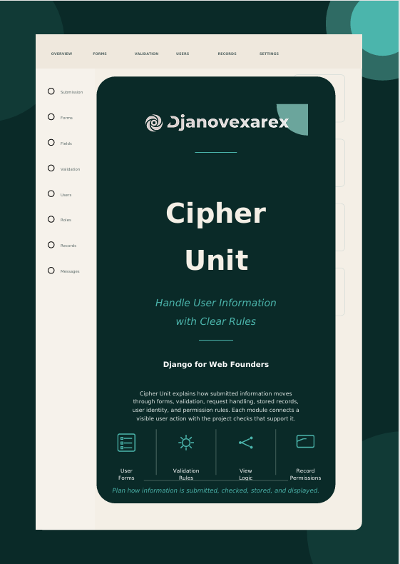 A digital mockup of a software user manual or guide cover for 'Djanovexarex Cipher Unit' by Django for Web Founders, displayed on a dark teal and cream background.