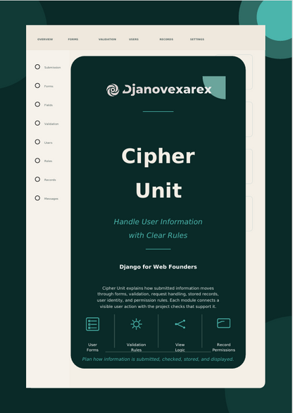 A digital mockup of a software user manual or guide cover for 'Djanovexarex Cipher Unit' by Django for Web Founders, displayed on a dark teal and cream background.