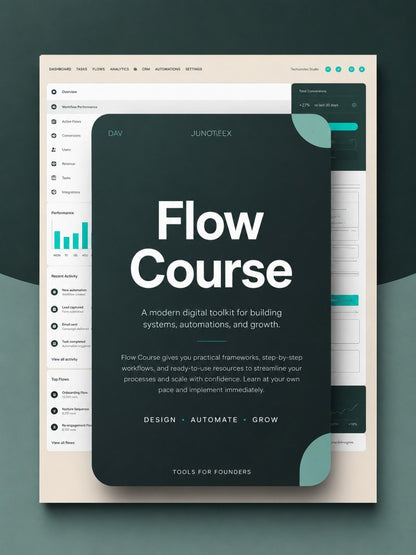 A digital promotional mockup for a 'Flow Course' digital product, featuring a dark slate-gray card with white text over a light beige and teal user interface interface mockup, set against a dark teal background.