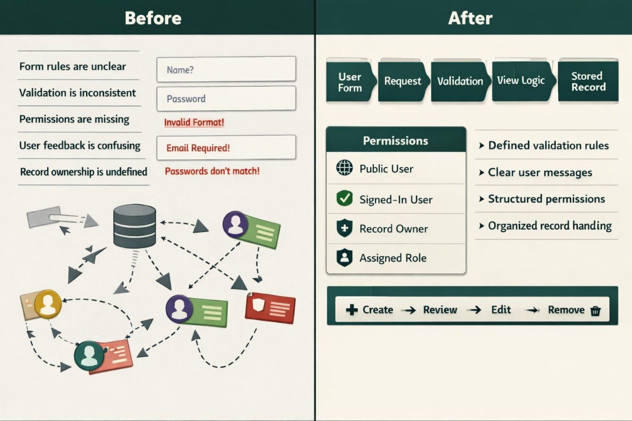 A before-and-after comparison graphic showing a database user interface workflow. The left 'Before' panel displays unclear form rules, inconsistent validation, missing permissions, confusing user feedback, and undefined record ownership, illustrated with a messy network of disconnected user icons and a database.