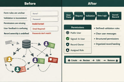 A before-and-after comparison graphic showing a database user interface workflow. The left 'Before' panel displays unclear form rules, inconsistent validation, missing permissions, confusing user feedback, and undefined record ownership, illustrated with a messy network of disconnected user icons and a database.