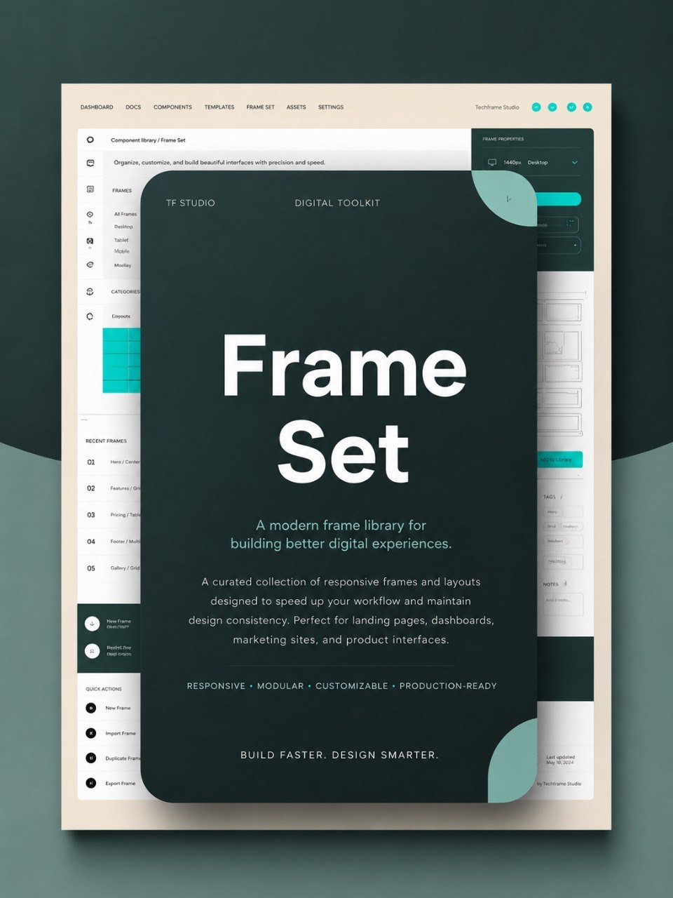 A digital product mockup for a 'Frame Set' UI template toolkit by 1F Studio. The central card is dark teal with white text, layered over a beige and dark teal digital dashboard interface mockup on a dark slate background.