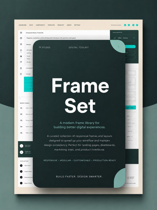 A digital product mockup for a 'Frame Set' UI template toolkit by 1F Studio. The central card is dark teal with white text, layered over a beige and dark teal digital dashboard interface mockup on a dark slate background.