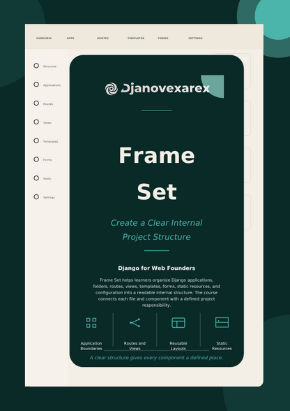 A digital cover or promotional graphic for a Django Web Founders 'Frame Set' course by Djanovexarex, presented on a dark teal and cream layout.