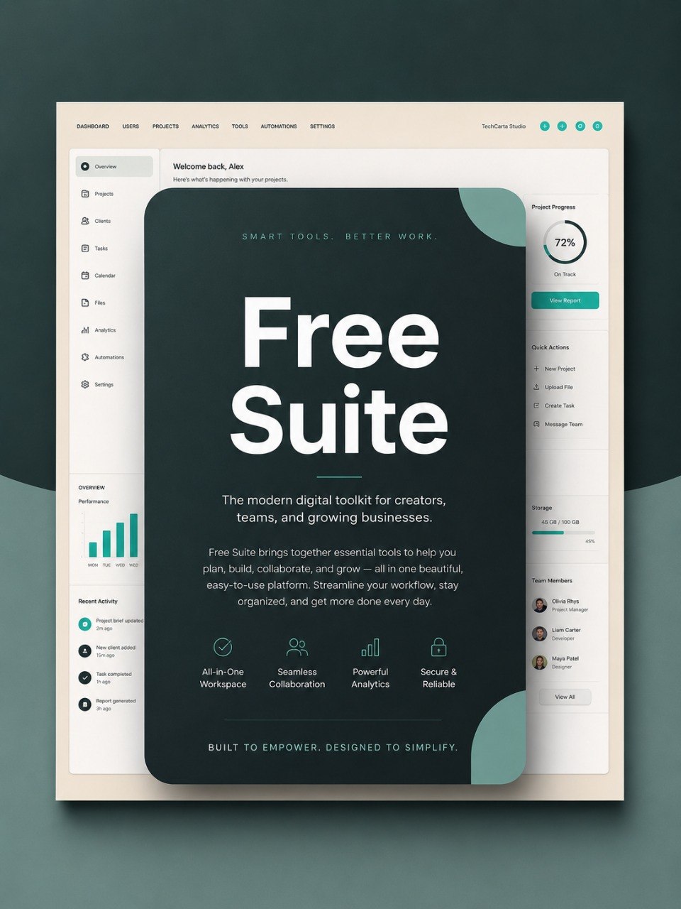 A digital product mockup displaying a software interface template named 'Free Suite'. The design features a dark teal central panel with bold white typography, set against a light cream UI background with a dark teal outer backdrop.