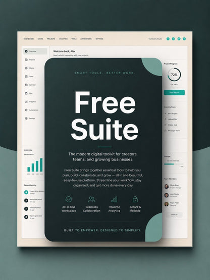 A digital product mockup displaying a software interface template named 'Free Suite'. The design features a dark teal central panel with bold white typography, set against a light cream UI background with a dark teal outer backdrop.