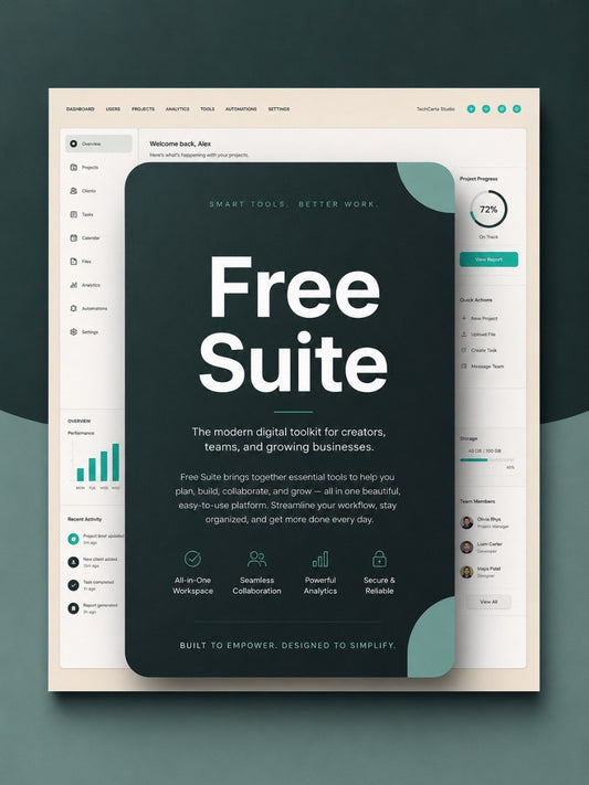 A digital product mockup displaying a software interface template named 'Free Suite'. The design features a dark teal central panel with bold white typography, set against a light cream UI background with a dark teal outer backdrop.