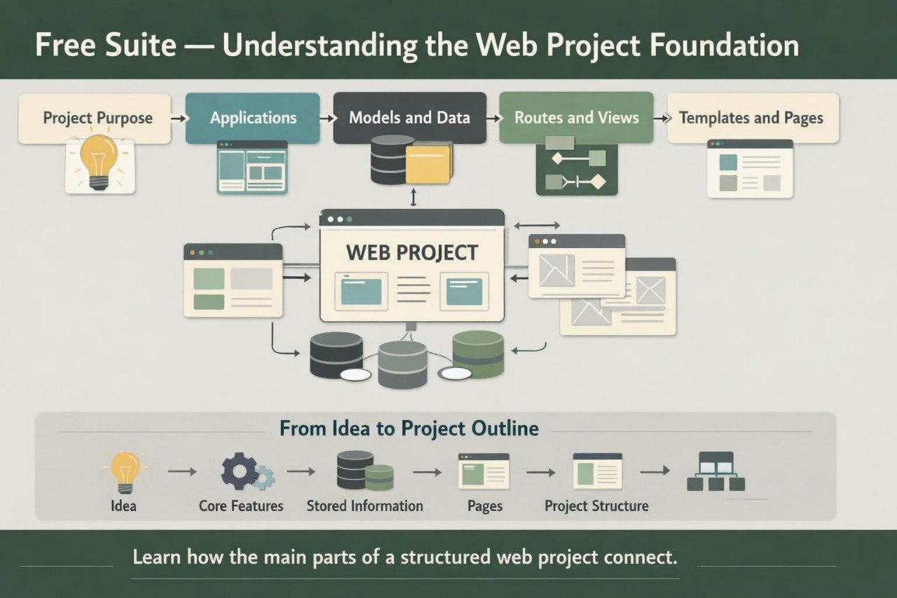 A digital infographic titled 'Free Suite — Understanding the Web Project Foundation' with illustrated blocks and arrows showing a web project workflow from idea to project outline on a muted gray background.
