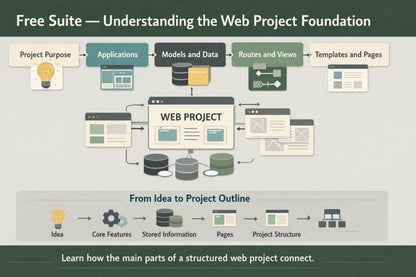 A digital infographic titled 'Free Suite — Understanding the Web Project Foundation' with illustrated blocks and arrows showing a web project workflow from idea to project outline on a muted gray background.