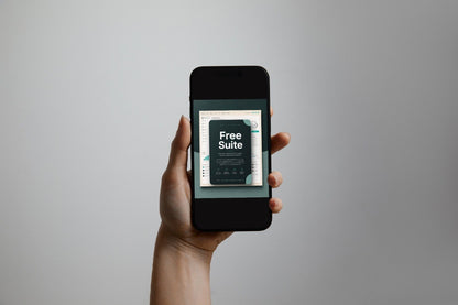 A hand holding a black smartphone against a plain light gray background. The phone screen displays a blue and black futuristic interface with the text 'Flux Bundle' in the center.