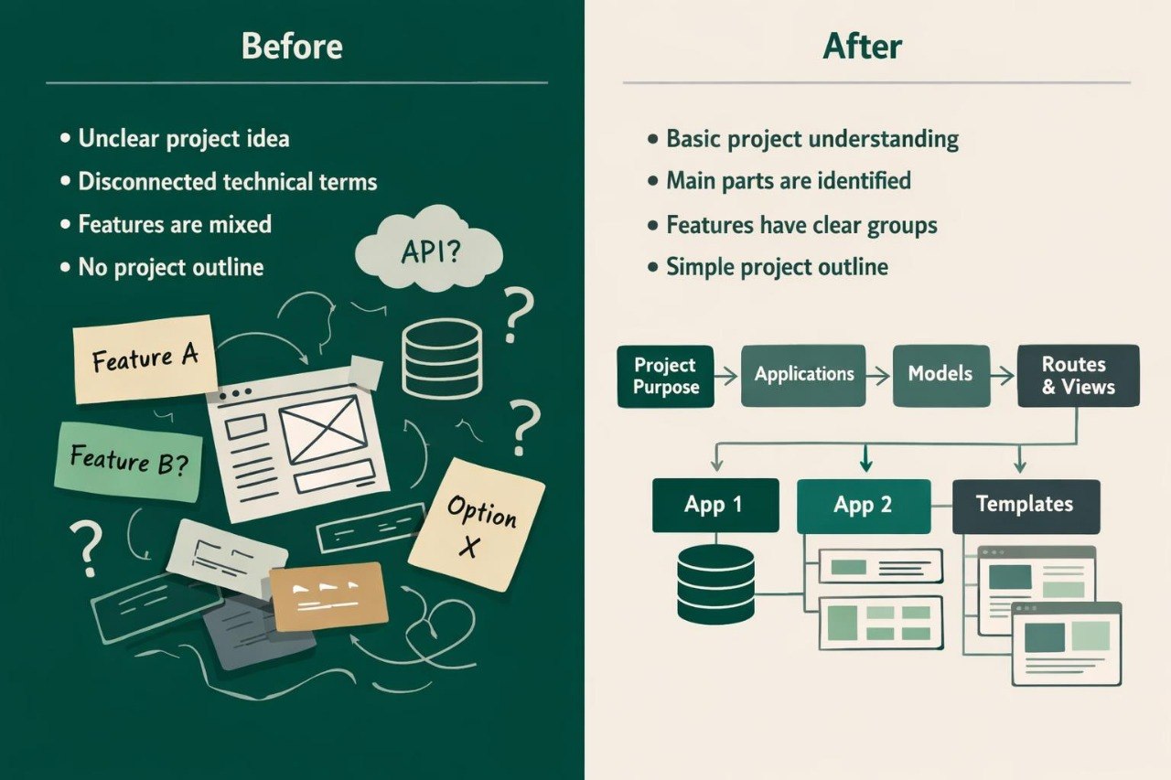 A before-and-after infographic comparing a messy, unclear project outline on the left with a structured, organized project outline on the right. The left side, labeled 'Before' on a dark green background, lists issues like unclear project ideas and disconnected technical terms, accompanied by doodles of sticky notes, a database icon, and a webpage.