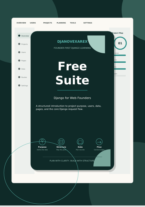 A digital mockup of a dark teal book cover titled 'Free Suite' with the subtitle 'Django for Web Founders' and author name 'DJANOVEXAREX', layered over a white tablet screen showing a dashboard interface. The background is a dark teal with abstract circular shapes.