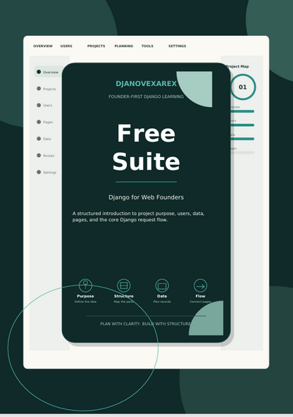 A digital mockup of a dark teal book cover titled 'Free Suite' with the subtitle 'Django for Web Founders' and author name 'DJANOVEXAREX', layered over a white tablet screen showing a dashboard interface. The background is a dark teal with abstract circular shapes.