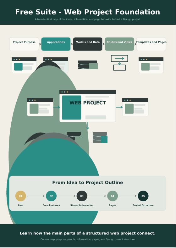An infographic poster titled 'Free Suite - Web Project Foundation' with a beige background, dark teal header and footer, and illustrated sections showing web project components, a computer screen labeled 'WEB PROJECT', and a step-by-step flow from idea to project outline.