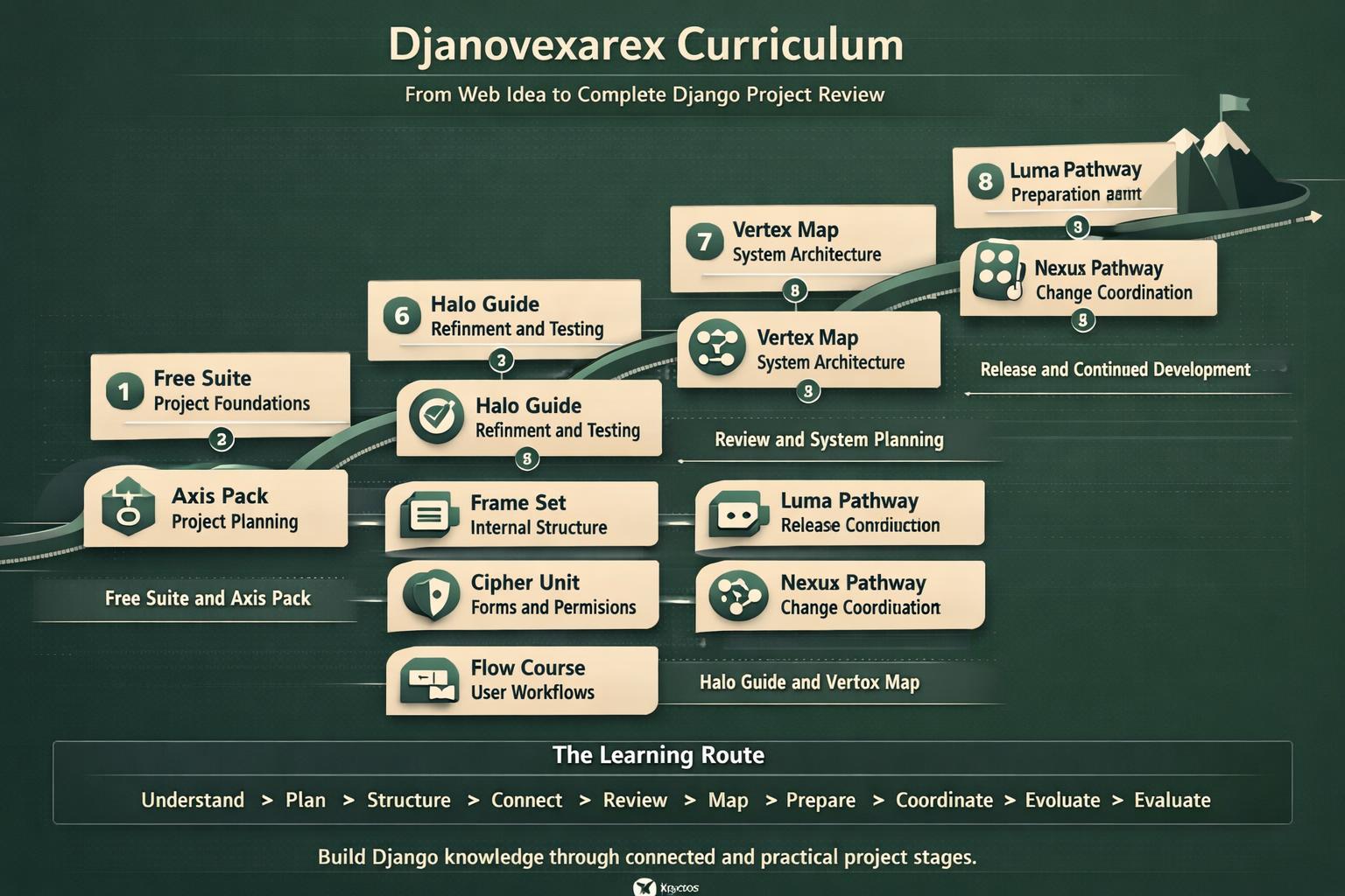 An infographic titled 'Djanovexarex Curriculum' outlining a Django project review learning path. The diagram features a dark green background with a central mountain graphic and beige rounded boxes representing different Django guide modules like 'Free Suite', 'Halo Guide', 'Vertex Map', and 'Luma Pathway'.