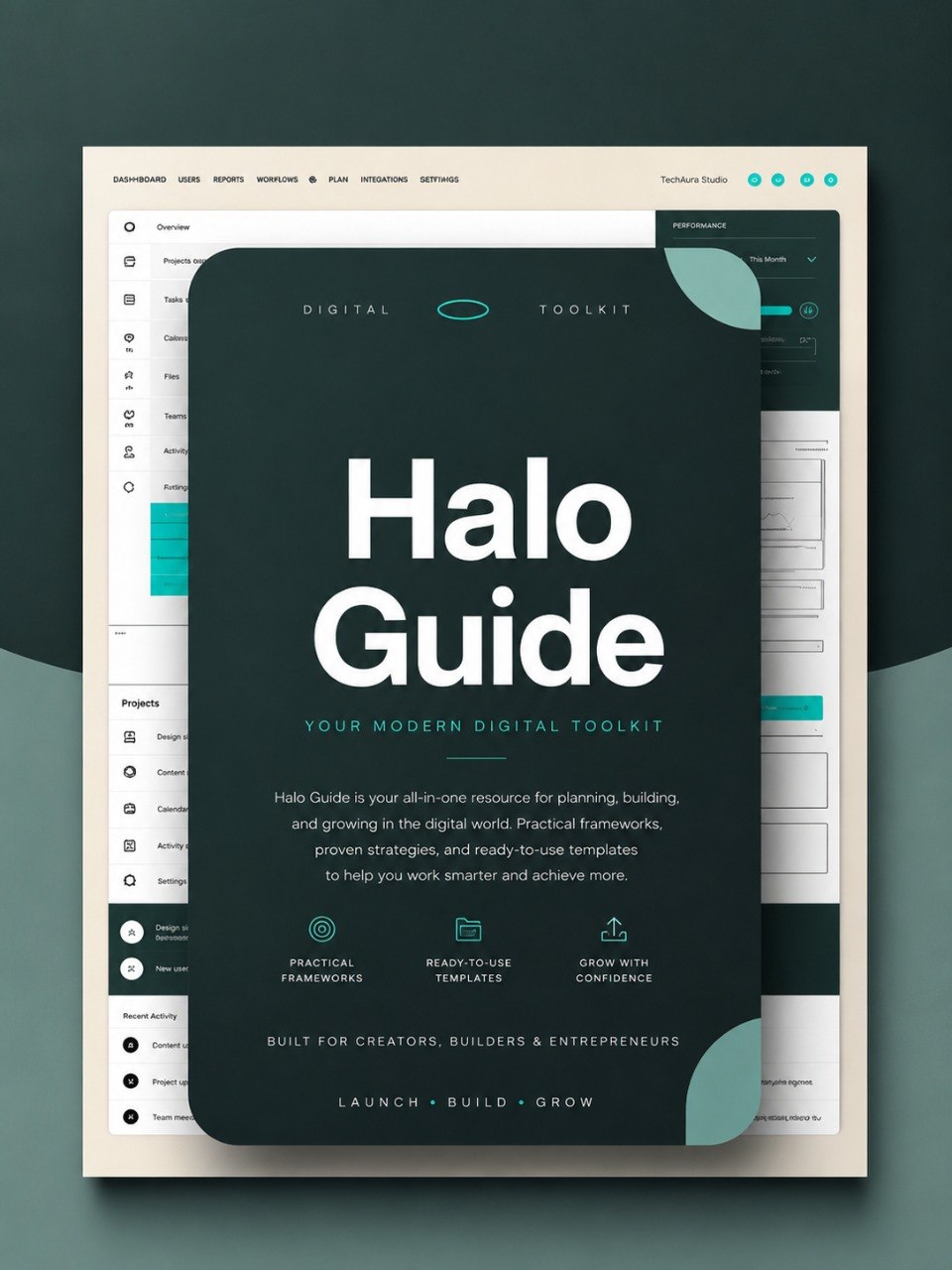 A digital guide cover titled 'Halo Guide' shown as a layered mockup over a spreadsheet-style interface. The main card is dark teal with large white text and smaller teal accents, while the background interface is off-white with teal highlights.