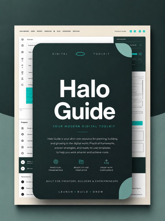 A digital guide cover titled 'Halo Guide' shown as a layered mockup over a spreadsheet-style interface. The main card is dark teal with large white text and smaller teal accents, while the background interface is off-white with teal highlights.