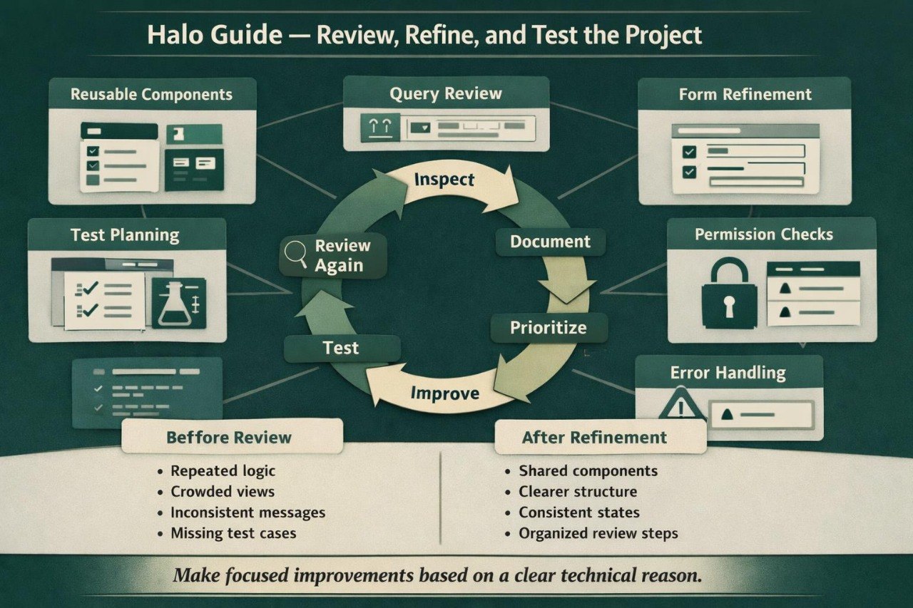 A digital infographic titled 'Halo Guide — Review, Refine, and Test the Project' on a dark teal background. It features a central circular flow diagram with 'Inspect', 'Document', 'Prioritize', and 'Improve' steps, surrounded by boxes for 'Reusable Components', 'Query Review', 'Form Refinement', 'Test Planning', 'Permission Checks', and 'Error Handling', with bullet points labeled 'Before Review' and 'After Refinement'.