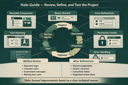 A digital infographic titled 'Halo Guide — Review, Refine, and Test the Project' on a dark teal background. It features a central circular flow diagram with 'Inspect', 'Document', 'Prioritize', and 'Improve' steps, surrounded by boxes for 'Reusable Components', 'Query Review', 'Form Refinement', 'Test Planning', 'Permission Checks', and 'Error Handling', with bullet points labeled 'Before Review' and 'After Refinement'.