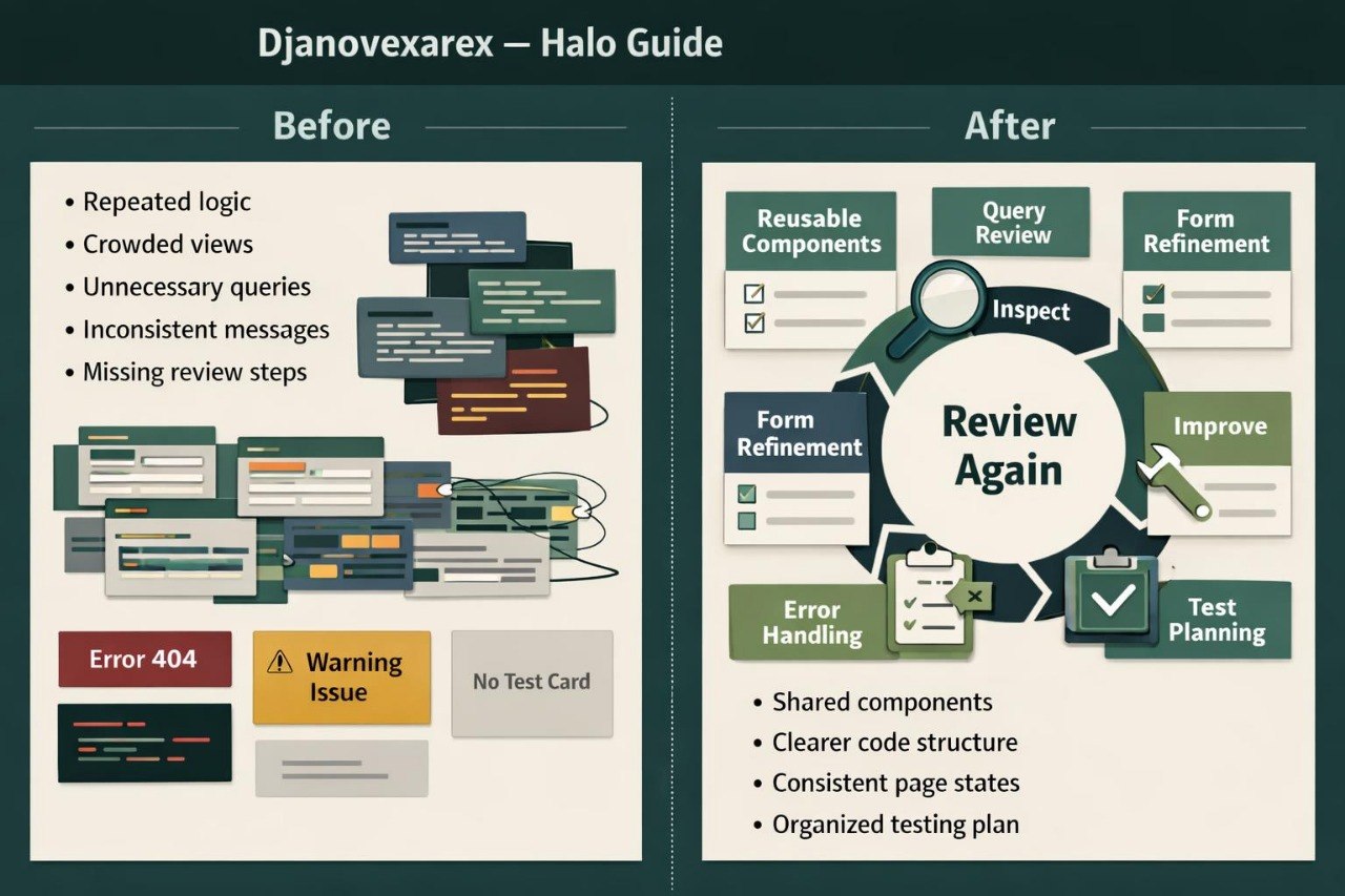 A digital infographic titled 'Djanovxarex - Halo Guide' showing a side-by-side comparison labeled 'Before' and 'After' with bullet points, UI mockups, and process flow diagrams on a dark teal background.