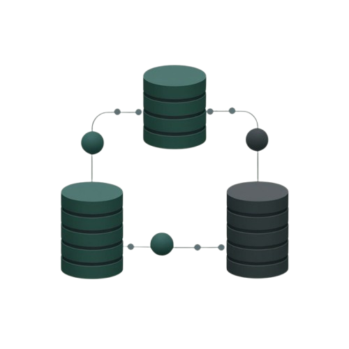 A minimalist vector illustration of three dark teal database server stacks connected by lines and dots, arranged in a triangular layout on a solid white background.