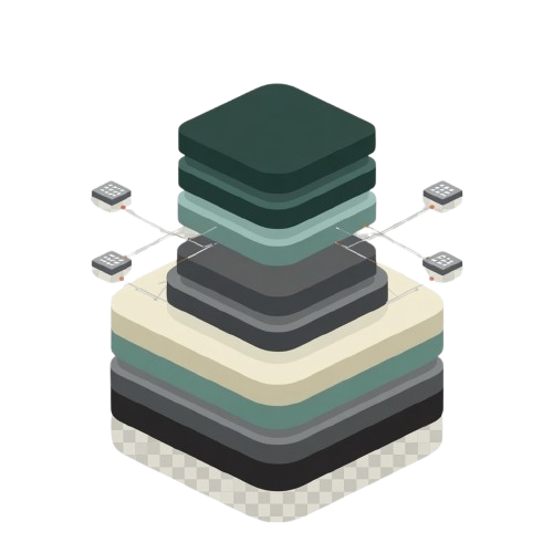 An isometric layered diagram showing stacked rectangular blocks in shades of dark green, teal, gray, cream, black, and white, with small connected square nodes on both sides, on a light gray background.