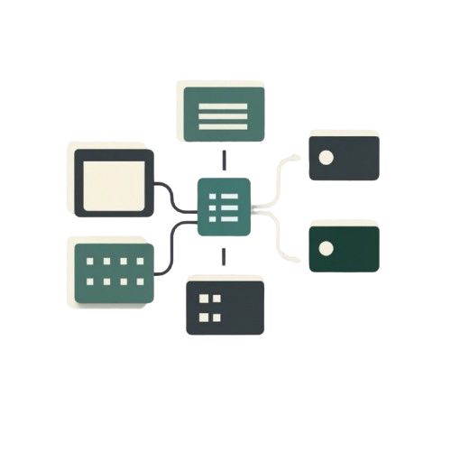 A minimalist flat vector illustration of a computer network or database diagram, featuring connected devices in shades of teal, dark green, and dark gray on a solid white background.