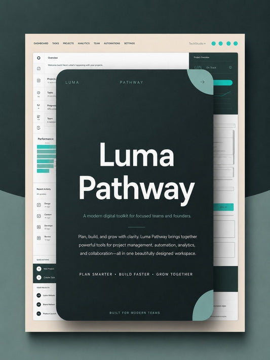 A digital mockup of a Luma Pathway template or software interface, shown as overlapping beige and dark teal panels with large white 'Luma Pathway' text on a dark background.