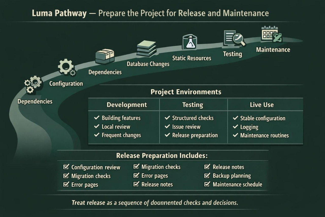 A dark teal and black infographic titled 'Luma Pathway — Prepare the Project for Release and Maintenance,' showing a curved workflow with icons and text for configuration, dependencies, database changes, static resources, testing, and maintenance, plus sections for project environments and release preparation checks.