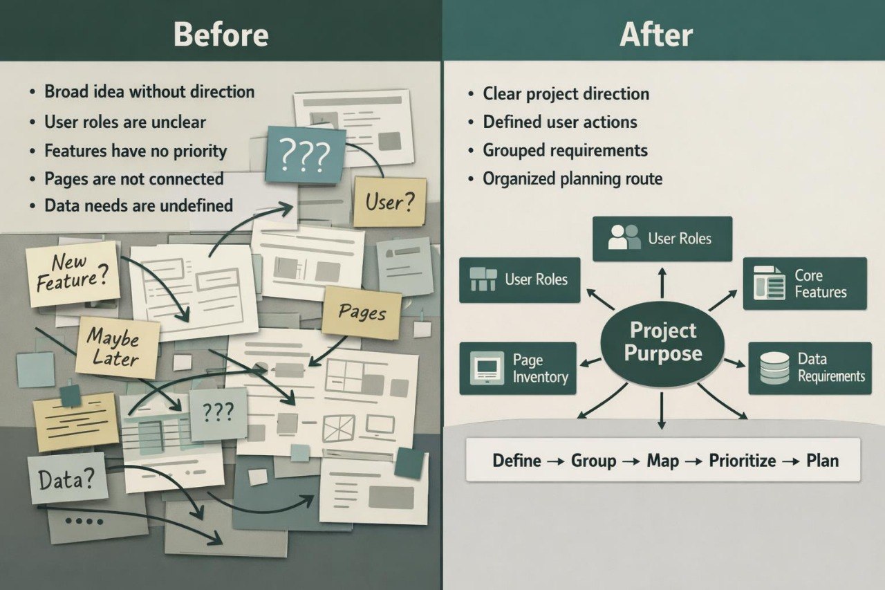 A before-and-after comparison infographic for project management. The left side, labeled 'Before', shows a messy collage of disconnected documents and sticky notes with questions like 'New Feature?' and 'Data?'.