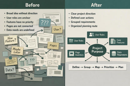 A before-and-after comparison infographic for project management. The left side, labeled 'Before', shows a messy collage of disconnected documents and sticky notes with questions like 'New Feature?' and 'Data?'.