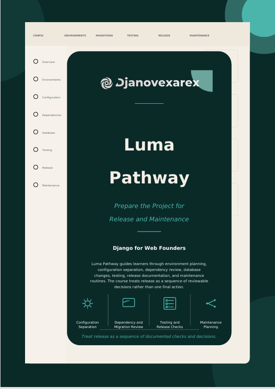 A digital graphic displaying a presentation slide or document cover titled 'Luma Pathway' by Djanovexarex, styled as a mobile app screen on a cream card against a dark teal background.