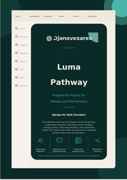 A digital graphic displaying a presentation slide or document cover titled 'Luma Pathway' by Djanovexarex, styled as a mobile app screen on a cream card against a dark teal background.