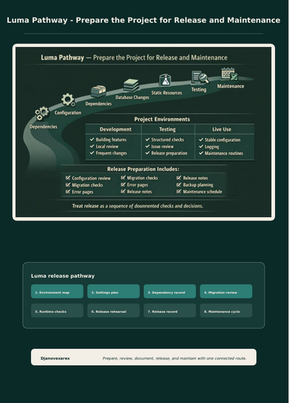 A dark teal digital infographic titled 'Luma Pathway - Prepare the Project for Release and Maintenance,' showing a flowchart and roadmap diagram with project environments, release preparation, and release phases.