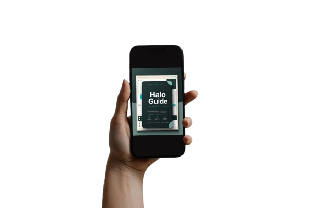 A hand holding a black smartphone that displays a digital guide titled 'Halo Guide' on its screen against a plain white background.