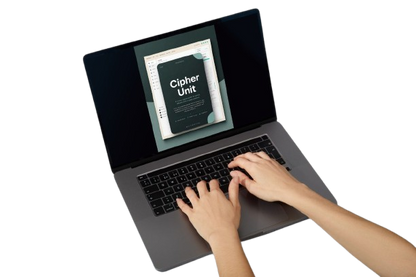 A person's hands typing on a dark gray laptop keyboard, with the screen displaying a digital course or document titled 'Cipher Unit'.