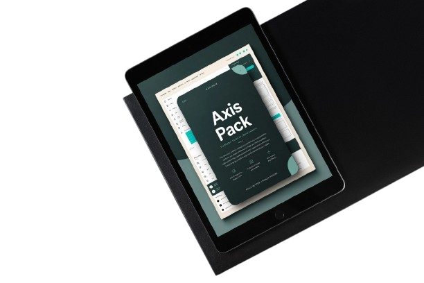 A black tablet device angled on a black surface, displaying a digital design template titled 'Axis Pack' with dark green, white, and teal geometric graphics.